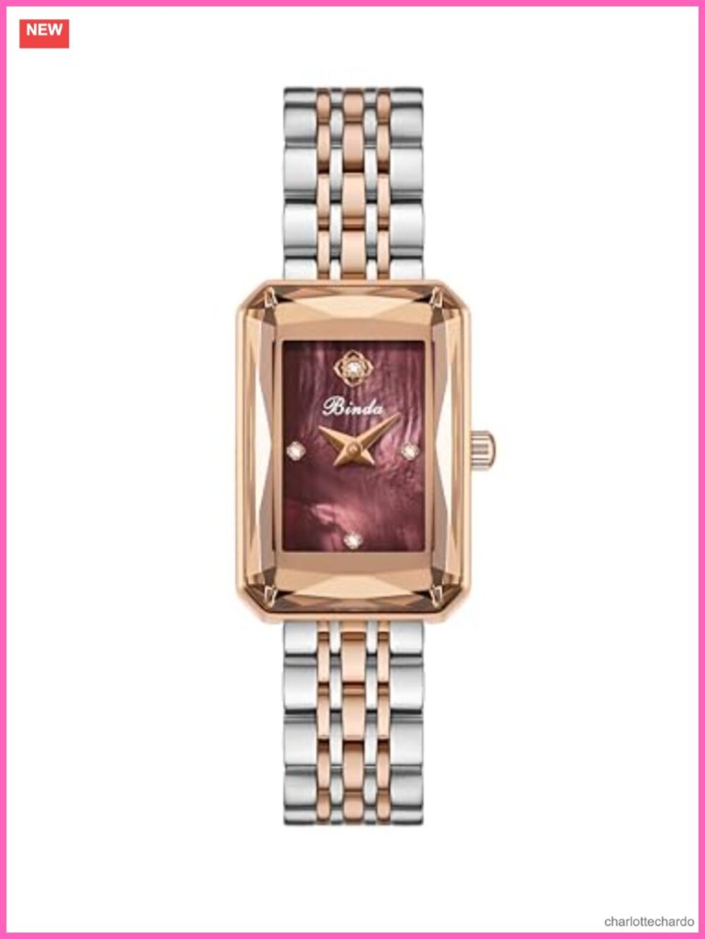 Rectangular Wrist Watch with Mother-of-Pearl Dial & Stainless Steel Band